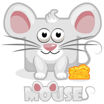 Cute cartoon square grey mouse and cheese. Set vector animals