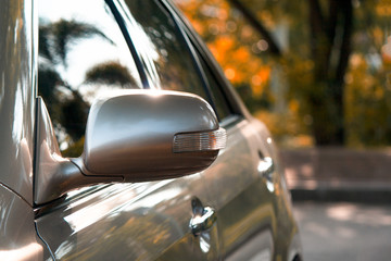 Wing mirror of a bronze car under sunset