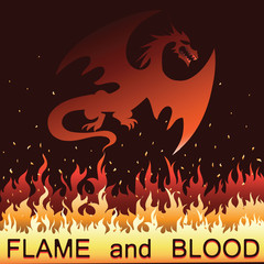 Red dragon in fire.  Vector. Emblem, logo, label, sticker on a black background with an inscription Flame and blood. Eastern traditions and beliefs.