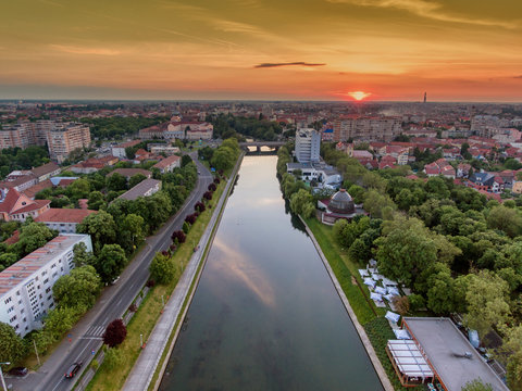 Oradea at sunset aerial view