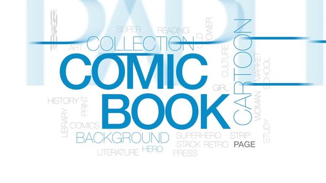 Comic book animated word cloud, text design animation. Kinetic typography.