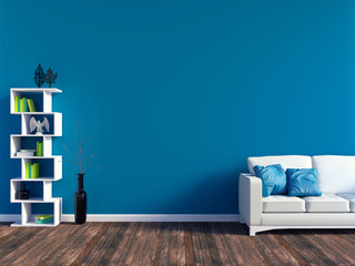 Modern blue living room interior - white leather sofa and blue wall panel with space, 3D rendering