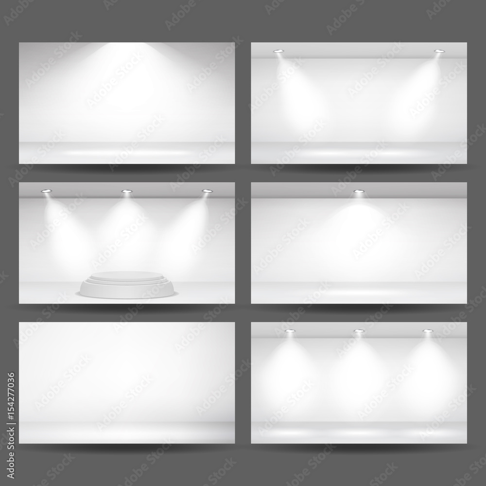 Poster Empty White Photo Studio Interior Background Set. Photo Studio Room. Clean Iight Interior Scene Mock Up. Gallery, Architectural Design. Vector Illustration.