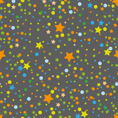 Colorful festive seamless pattern, abstract background with circles and stars on black. Infinity confetti geometric pattern. Wrapping paper. Vector illustration.