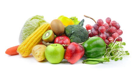 vegetables and fruits on white background