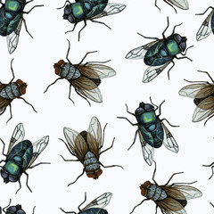 Hand painted seamless pattern with flies
