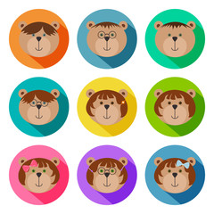 Set of teddy bears classmates flat icons. Drop shadow effect. Colorful avatar set of funny girls and boys. Vector illustration for stickers. Children bears with glasses, ribbons, pins and spectacles.
