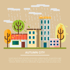 Autumn landscape in a cloudy day. City with yellow trees and rain. Leaf fall. Vector illustration.