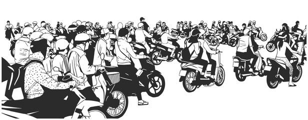 Illustration of busy asian street with motorbikes and mopeds