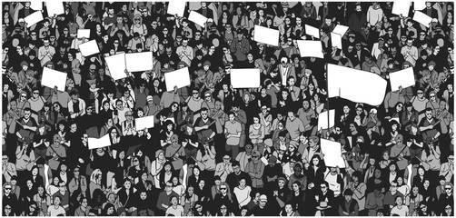 Illustration of crowd protesting for human rights with blank signs and flag
