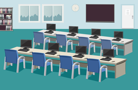 Interior of education Center. Company staff training. School empty room with computers and blackboard. Vector cartoon simple illustration.