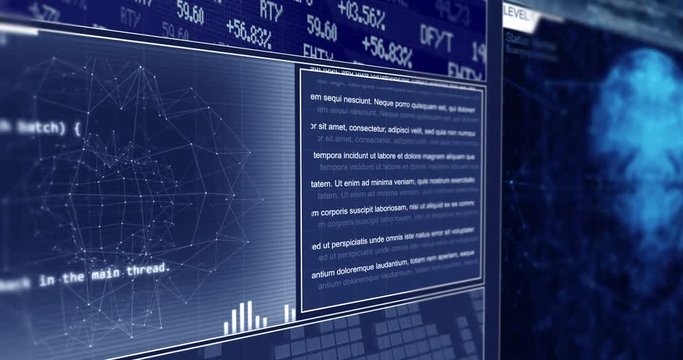 Camera pans down the side of futuristic generic motion graphics interface