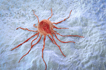 Cancer cell, tumour cell, close-up view, 3D illustration