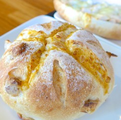 Round baked bread close up