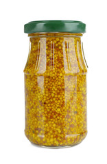 Glass jar of french mustard isolated on white