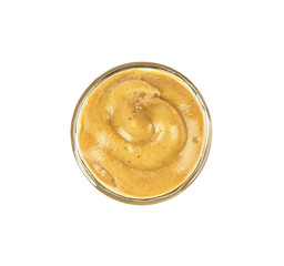 Bowl of delicious mustard sauce isolated on white