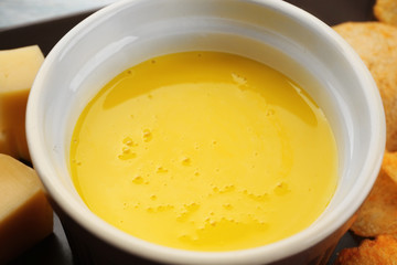 Bowl of creamy cheese sauce, close up
