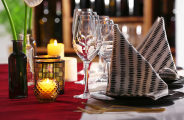 Table setting in restaurant, closeup