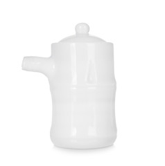 Jug with tasty sauce on white background