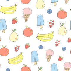 Cute fruits and sweets seamless vector background. Ice cream, apples, bananas, pears and berries drawn in Japanese cartoon style