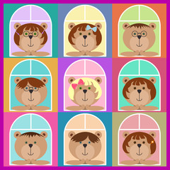 Set of teddy bears classmates looking out of the window. Flat icons. Colorful avatar set, funny girls and boys. Vector illustration for stickers. Children bears with glasses spectacles, ribbons, pins.