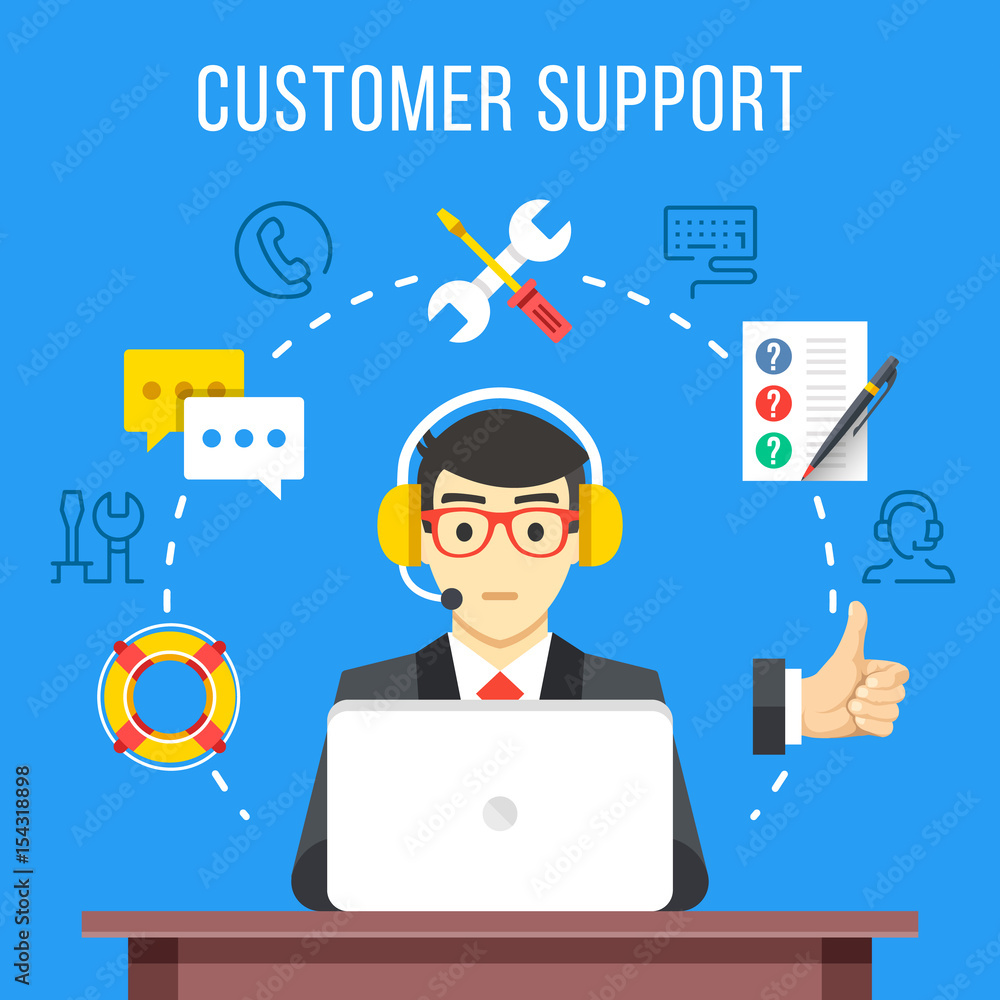 Poster customer support. call center operator with headset at computer. flat icons and thin line icons set,