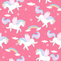 cute unicorn on a pink backgroun. vector pattern