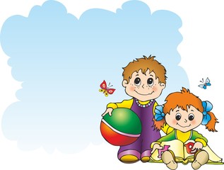 little boy and girl with book and children's ball
