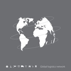Global logistics network. Gray similar world map on gray. Stock vector. Flat design.