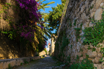 Narrow streets inside the old town of Rhodes. Greece, Europe.