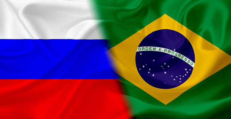Flag of Russia and Brazil, with waving fabric texture
