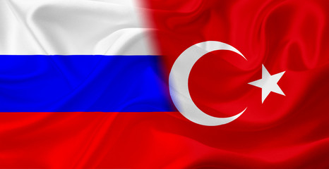 Flag of Russia and Turkey, with waving fabric texture