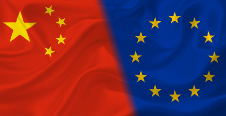 Flag of China and EU, with waving fabric texture