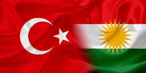 Flag of Turkey and Kurdistan, with waving fabric texture