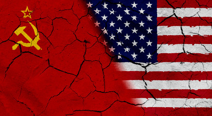 Flag of Soviet Union and USA, with cracked background texture