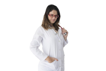 Woman doctor, veterinary or scientist with stethoscope isolated over white background