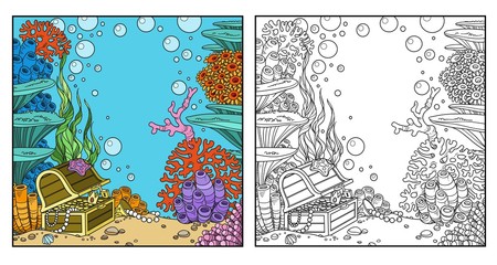 Underwater world with corals and treasure chest coloring page on white background