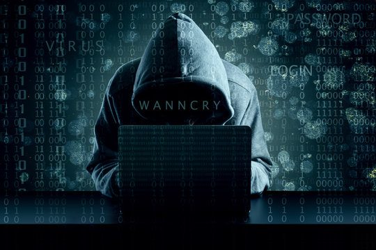 Hooded computer hacker stealing information with laptop