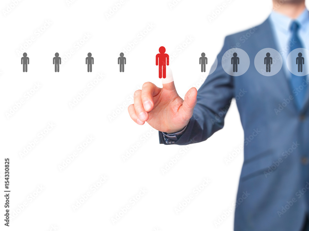 Poster networking and recruitment - businessman hand pressing button on touch screen interface.
