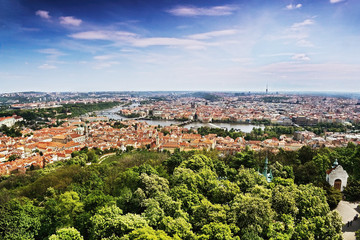 view to Vltava river and Charles bridge from Petrinska rozhledna tower in sping Prague in Czech republic