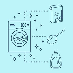 Laundry icons. Washing machine with washing powder, bleach or conditioner.