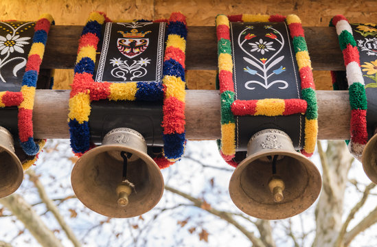 Traditional colorful cow bells.