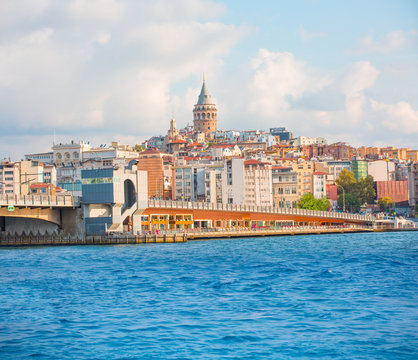 View of Galata district with Galata Tower over the Golden Horn in Istanbul, Turkey