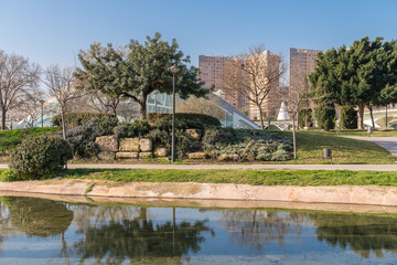 Fototapeta na wymiar Gardens in the old dry riverbed of the Turia river in Valencia, water reflection. Beautiful landscape leisure and sport area with trees, grass and water mirror, Spain