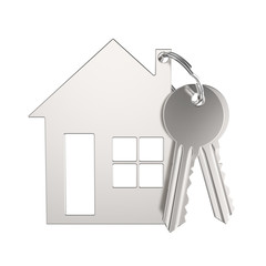 3D illustration silver gold key with keychain in the form of a small house