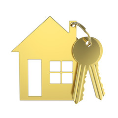 3D illustration gold key with keychain in the form of a small house