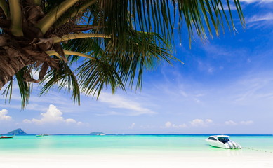 Thailand. Sea background. Palms, white sand, yacht
