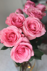 A few florets of pink lush roses, a perspective from flowers to the distance