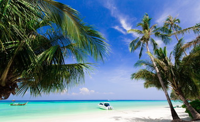 Plakat Thailand. Sea background. Palms, white sand, yacht