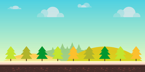 Seamless cartoon nature landscape. Hills, trees, clouds and sky,background for games mobile applications and computers. Vector illustration for your design